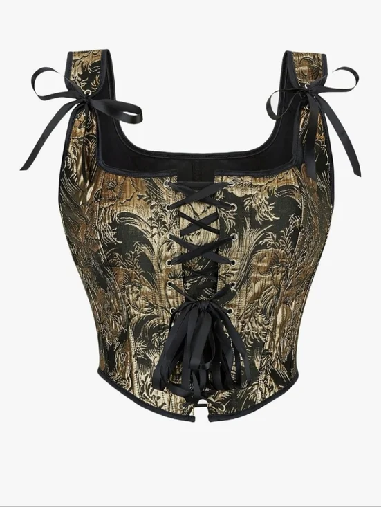 Black and Gold Renaissance Corset Top for Women Floral Lace Up Overbust Bustier - Picture 1 of 5